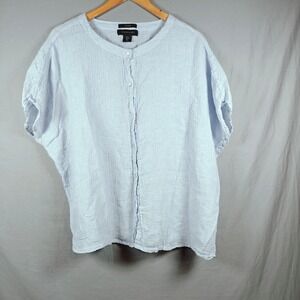 Tahari Women Light Blue Linen Gauze Button Up Shirt Top Size S